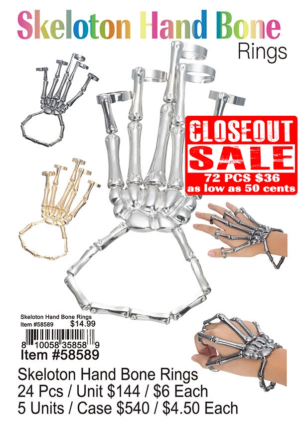 Skeloton Hand Bone Rings - Closeout 72 Pcs.